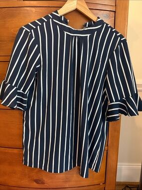 Vero Moda Navy and White Vertical Stripe Ruffle Sleeve Blouse
